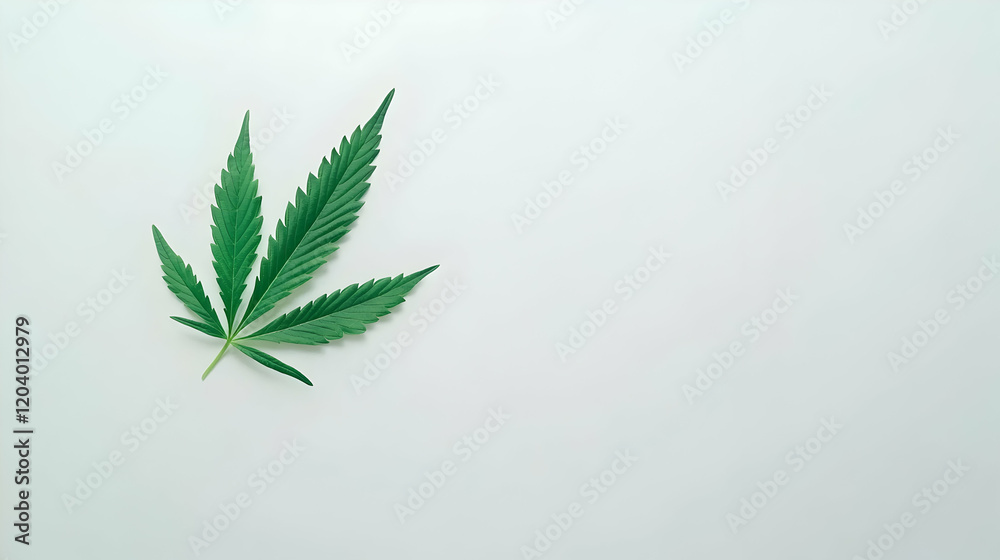 Single cannabis leaf on white background; copy space; medical marijuana Single cannabis leaf on white background; copy space; medical marijuana