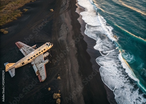 Solheimasandur Plane Wreck: Dramatic Aerial View, Black Sand Beach, Iceland photo