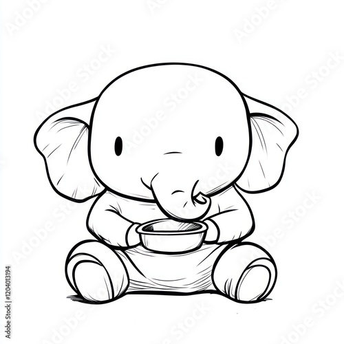 Cute elephant holding bowl, coloring book image, possible use for children's book illustration photo