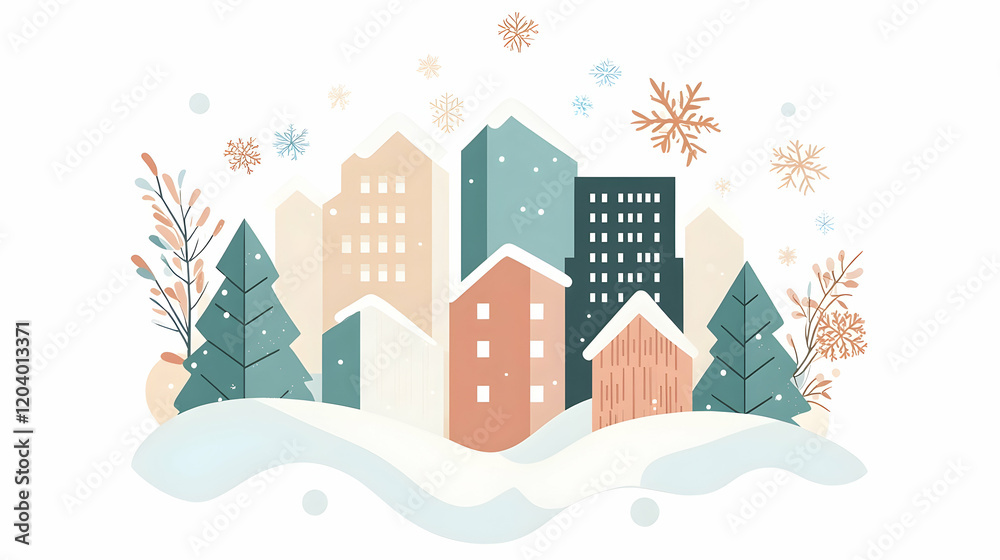 Snowy city winter landscape; festive buildings, snow, trees; ideal for holiday cards Snowy city winter landscape; festive buildings, snow, trees; ideal for holiday cards