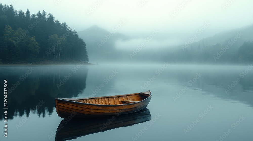 Wooden Rowboat Floating on Misty Lake Surrounded by Forest and Mountains on a Calm Foggy Morning Scene Wooden Rowboat Floating on Misty Lake Surrounded by Forest and Mountains on a Calm Foggy Morning Scene