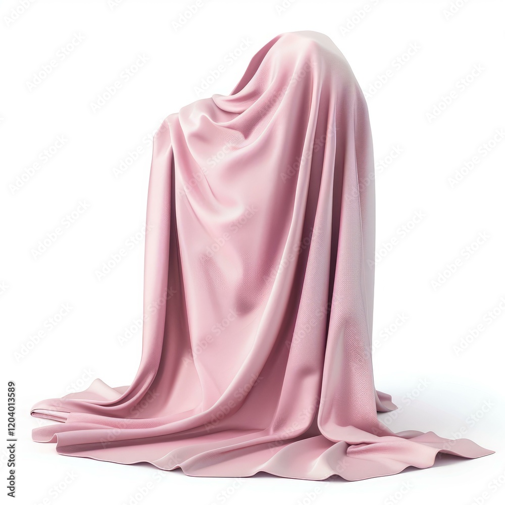 Pink silk cloth covering a hidden object, creating anticipation and mystery on a white background Pink silk cloth covering a hidden object, creating anticipation and mystery on a white background