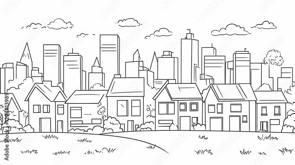 Obraz premium Suburban homes cityscape skyline illustration, urban landscape design, for real estate brochure