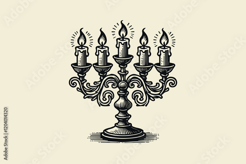 Elegant candelabra with lit candles in bold black-and-white engraving style