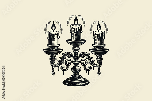 Elegant candelabra with lit candles in bold black-and-white engraving style