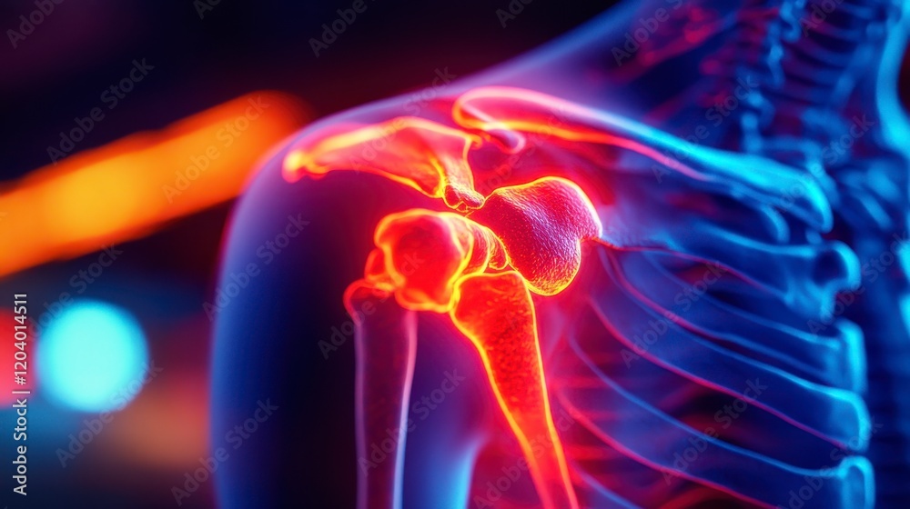 3D Render of Human Shoulder Joint Anatomy with Inflammation Highlight
