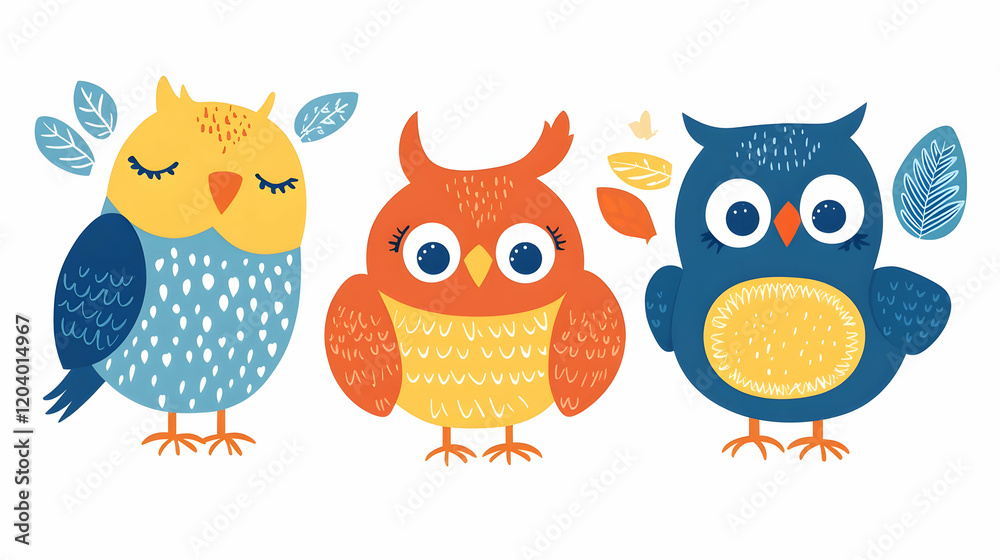 Three cute cartoon owls autumn leaves background, kids textile print Three cute cartoon owls autumn leaves background, kids textile print