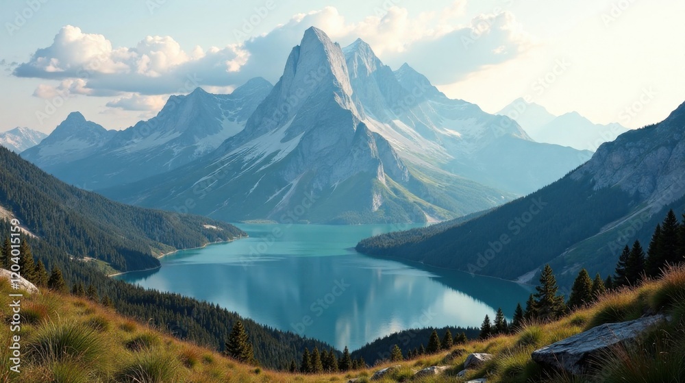 Fototapeta premium Serene Mountain Lake Nestled Amongst Majestic Peaks and Lush Green Slopes