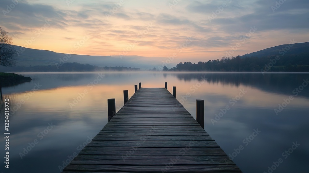 A wooden pier stretching out over a calm lake with a moody sky at dawn, creating a tranquil and serene landscape with a peaceful atmosphere. A wooden pier stretching out over a calm lake with a moody sky at dawn, creating a tranquil and serene landscape with a peaceful atmosphere.
