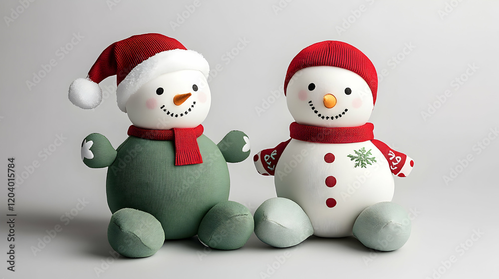 Two cute Christmas snowmen sitting, festive background, holiday greeting card Two cute Christmas snowmen sitting, festive background, holiday greeting card