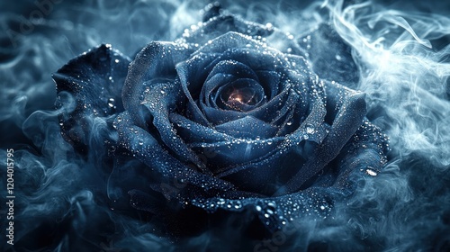 Mystical dark blue rose with dew and smoke.