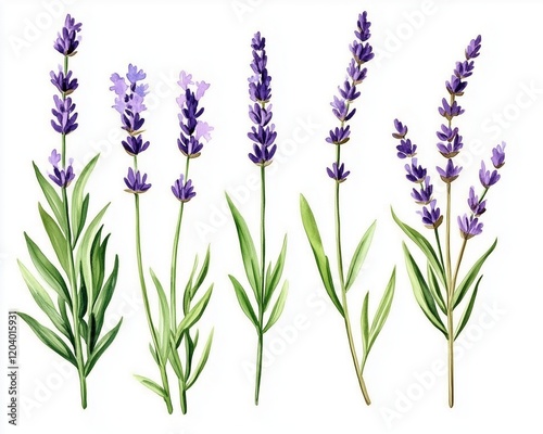 Collection set watercolor of Provence lavender, hand-painted lavender stems with subtle watercolor splashes for a modern artistic touch  .