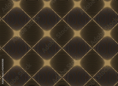  Sophisticated geometric pattern with golden lines creating a diamond illusion on black.