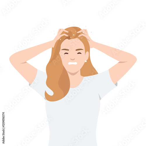 Distressed woman with long hair scratching her head, with visible dandruff flakes, itchy. Flat vector illustration isolated on white background