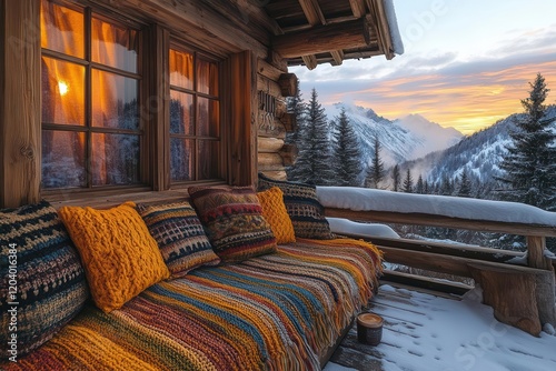 alpine cabin porch at sunset with plush handknitted blankets and pillows nestled on a rustic wooden bench steam rising from hot cocoa nearby photo