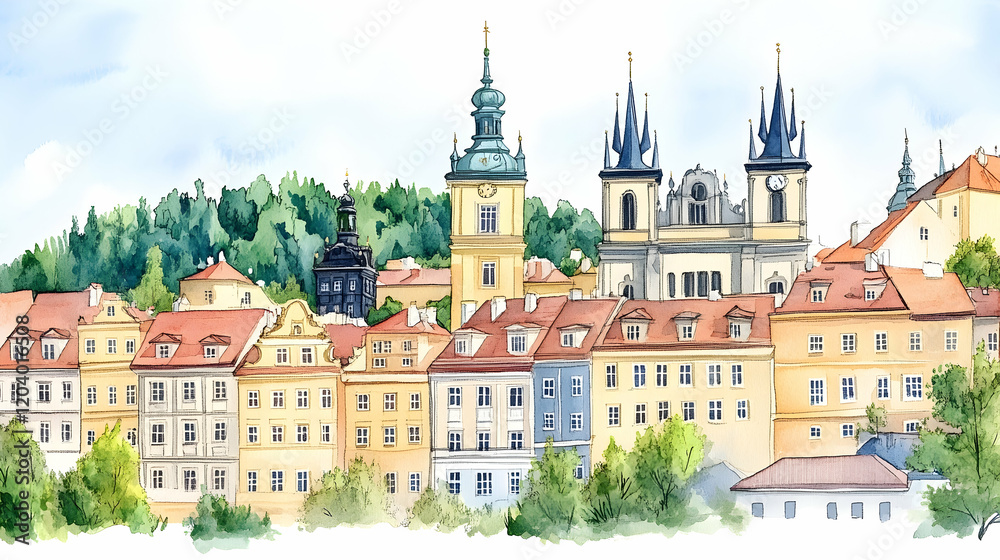 Watercolor cityscape Old Town Prague skyline, churches, and buildings, scenic view, ideal for travel brochures Watercolor cityscape Old Town Prague skyline, churches, and buildings, scenic view, ideal for travel brochures