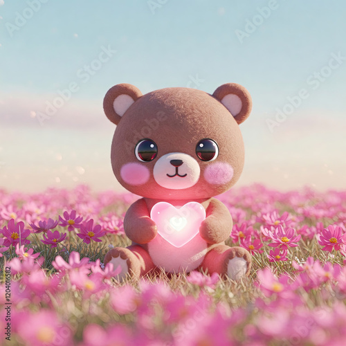 Kawaii bear embraces glow of love enchanted meadow of pink flowers cute illustration whimsical setting captivating concept