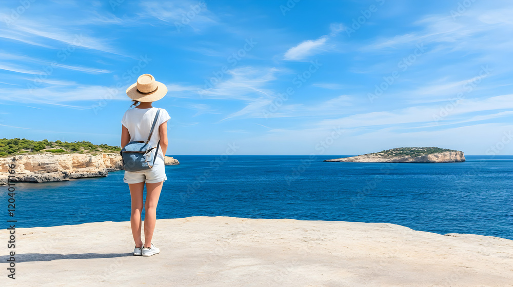 Woman enjoying coastal view, sunny day, island backdrop, travel photography Woman enjoying coastal view, sunny day, island backdrop, travel photography