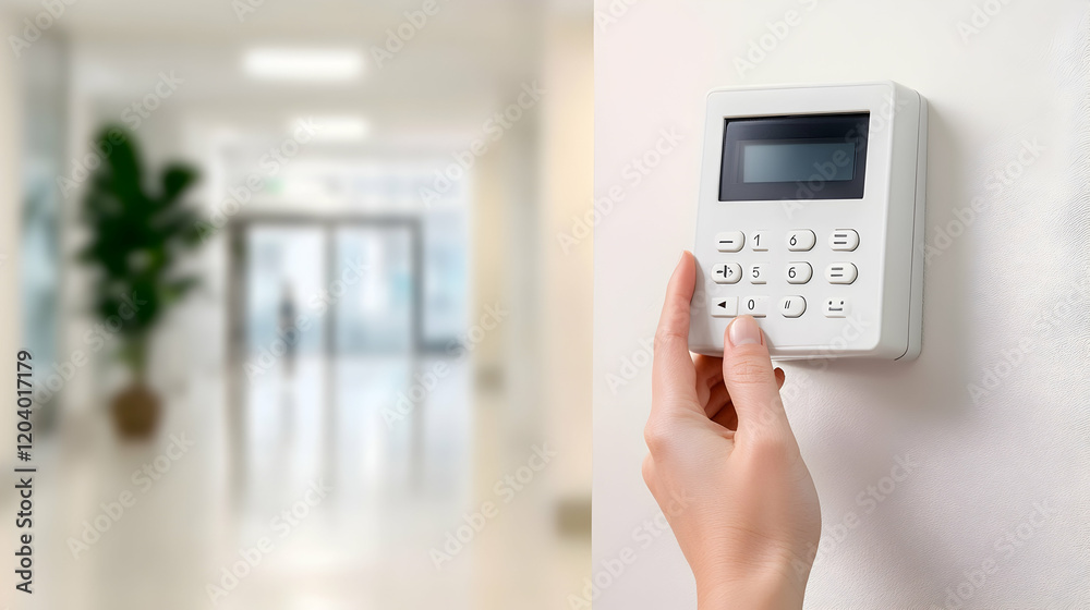 Woman entering security code on keypad, office hallway background, safety and access control Woman entering security code on keypad, office hallway background, safety and access control