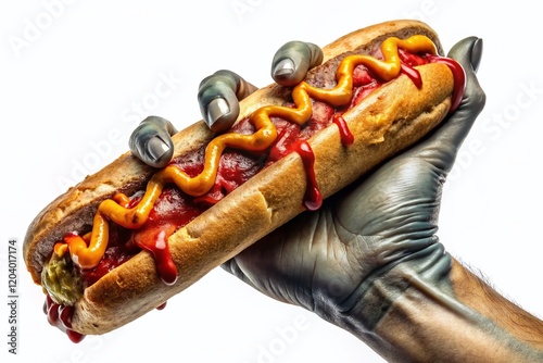 Spooky Halloween Hot Dog: Zombie Hand Grabbing a Delicious Wiener on White Background photo