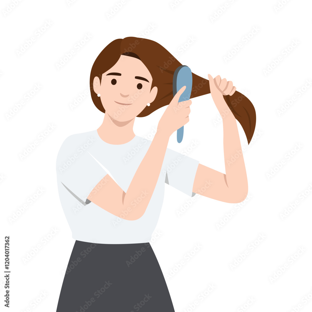 Woman with brown hair brushing her hair with a blue brush. Flat vector illustration isolated on white background