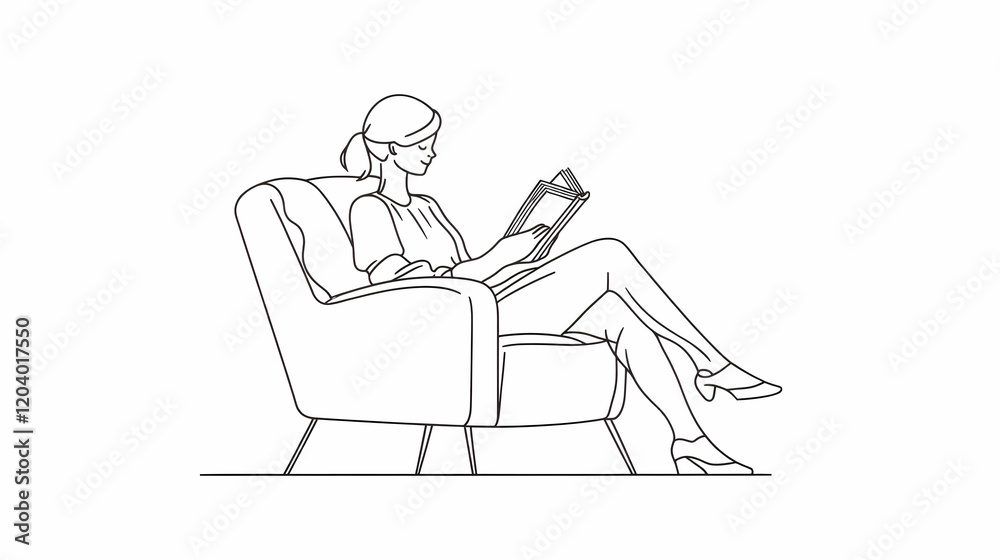 Woman reading book in armchair, relaxing at home, simple line art illustration for website or blog Woman reading book in armchair, relaxing at home, simple line art illustration for website or blog