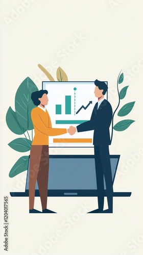 Illustration flat art pastel cartoon of two entrepreneurs shaking hands in front of a laptop displaying a profit graph 