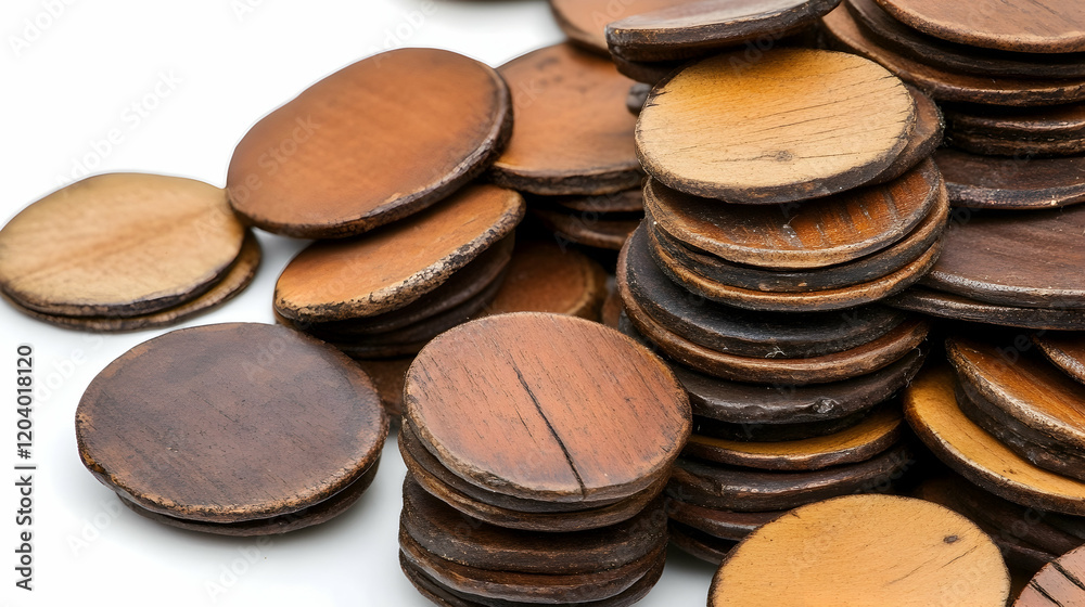 Wooden discs scattered on white background, game pieces, crafting supplies, close-up view Wooden discs scattered on white background, game pieces, crafting supplies, close-up view