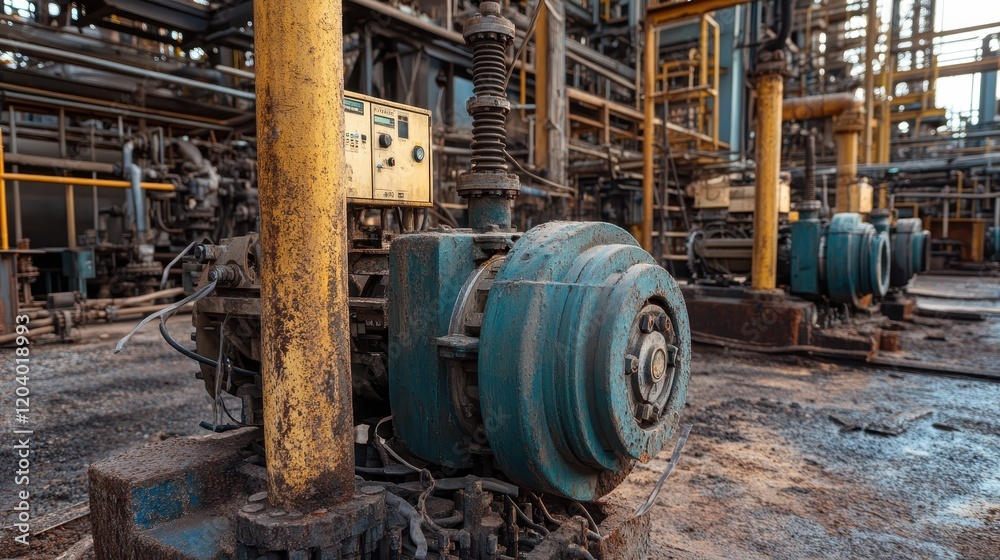 Detailed shot of industrial electric motor components, focusing on rugged metal and wiring in petrochemical plant. Detailed shot of industrial electric motor components, focusing on rugged metal and wiring in petrochemical plant.