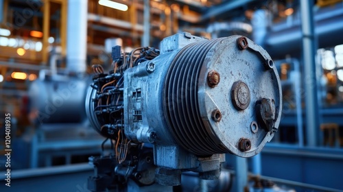 Industrial electric motor detail, highlighting intricate wiring and metal components in petrochemical facility.