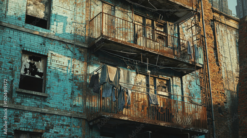 Fototapeta premium Abandoned Apartment Complex with Shattered Windows and Rusted Balconies Under Bright Light