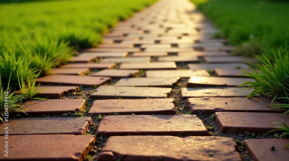 A Sunlit Brick Path Meandering Through Lush Green Grass, Beckoning the Eye Towards a Distant Horizon A Sunlit Brick Path Meandering Through Lush Green Grass, Beckoning the Eye Towards a Distant Horizon