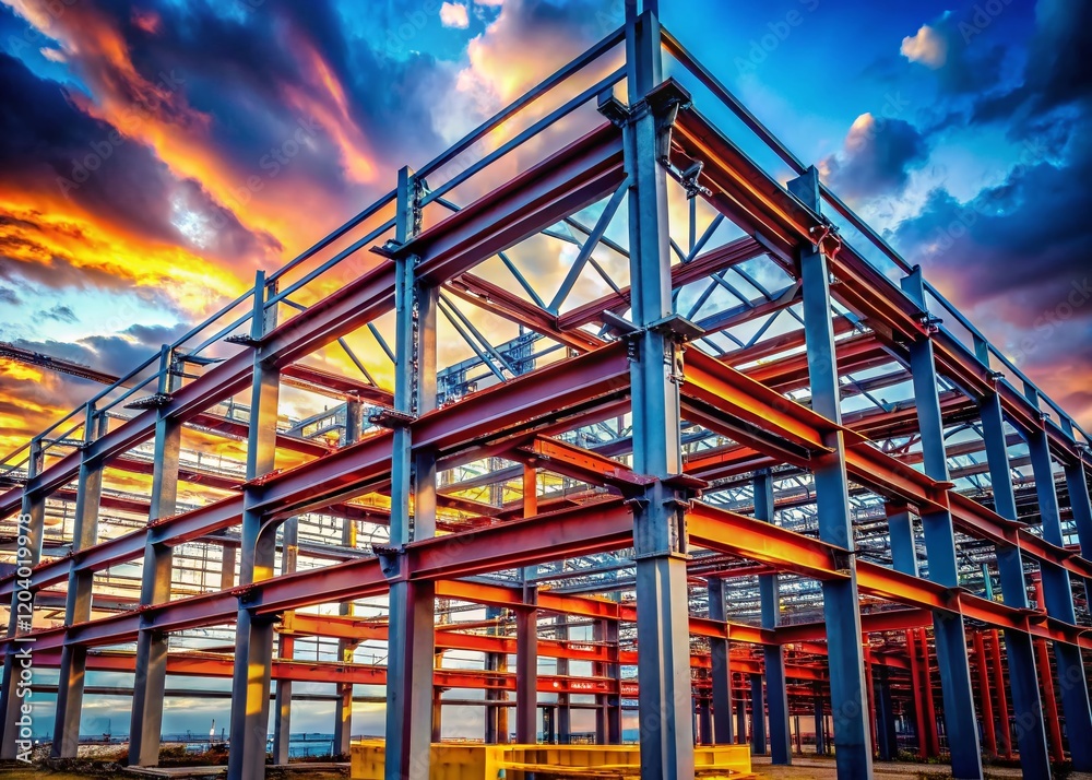 Obraz premium Steel Frame Construction: Modern Building Under Construction, Industrial Architecture, Metal Structure, Skyscraper Development