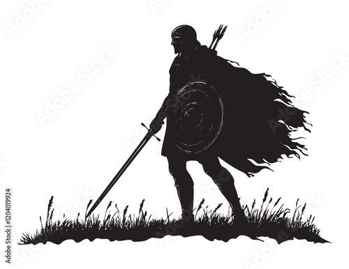 A warrior is holding a sword and shield, and is wearing a cape