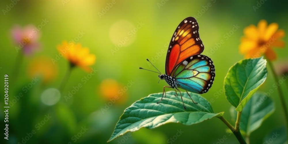 Vibrant butterfly perched on a lush green leaf in a sunlit garden Vibrant butterfly perched on a lush green leaf in a sunlit garden