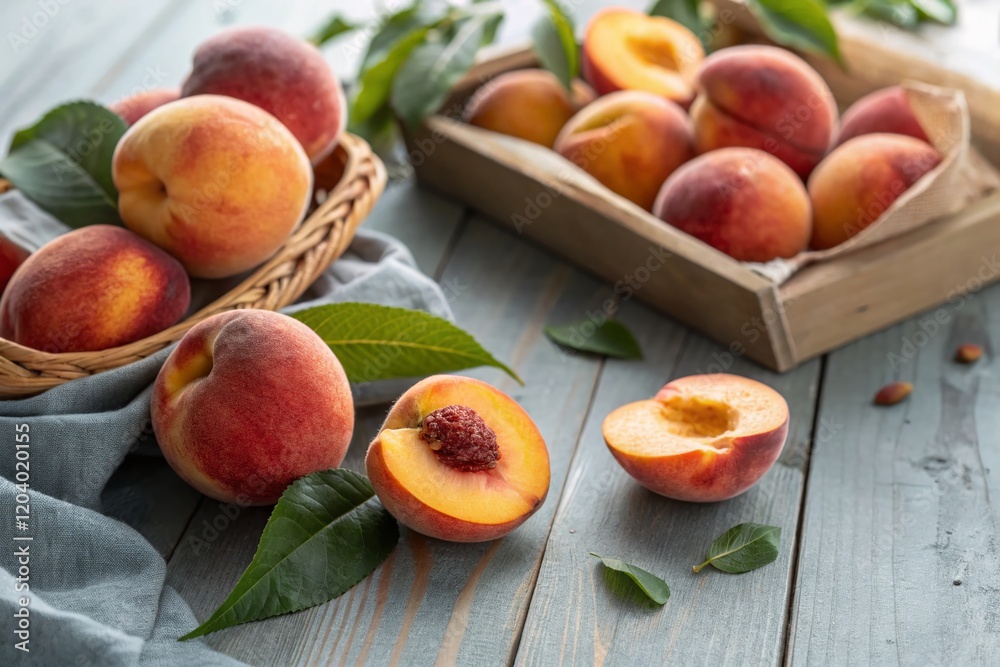 Still Life Photography: Juicy Peaches on a Grey Table Still Life Photography: Juicy Peaches on a Grey Table