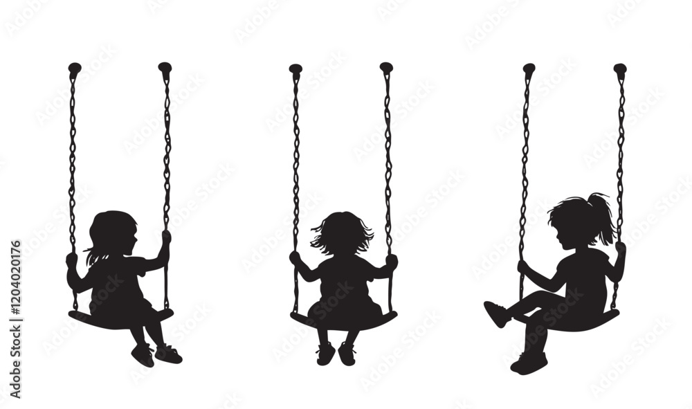Three children are swinging on a swing set Three children are swinging on a swing set