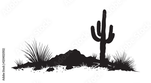 A desert scene with a cactus in the foreground and a hill in the background