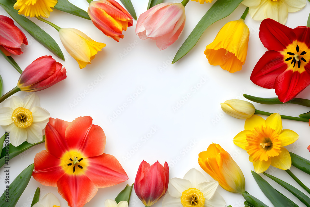 Fototapeta premium A flat lay of colorful tulips, daffodils, and crocuses arranged around an empty white card on a clean background