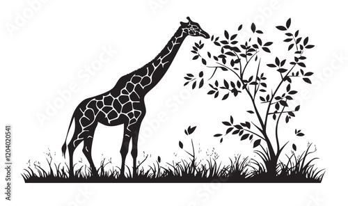 A giraffe is eating leaves from a tree