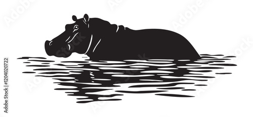 A black and white image of a hippo swimming in a body of water