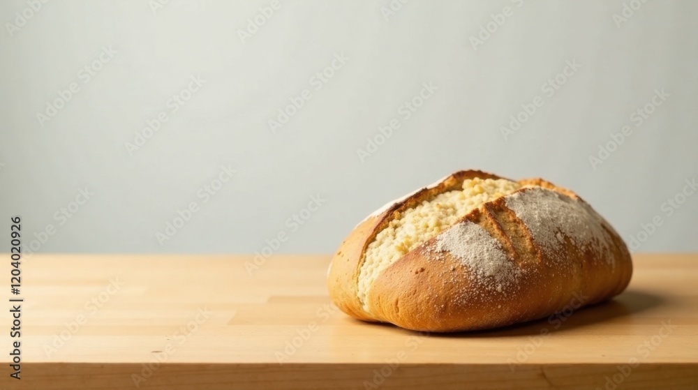 Artisan sourdough loaf displayed on a light wood surface Artisan sourdough loaf displayed on a light wood surface