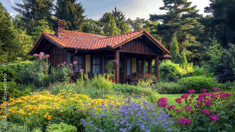 A small house with a red roof sits in a lush garden A small house with a red roof sits in a lush garden