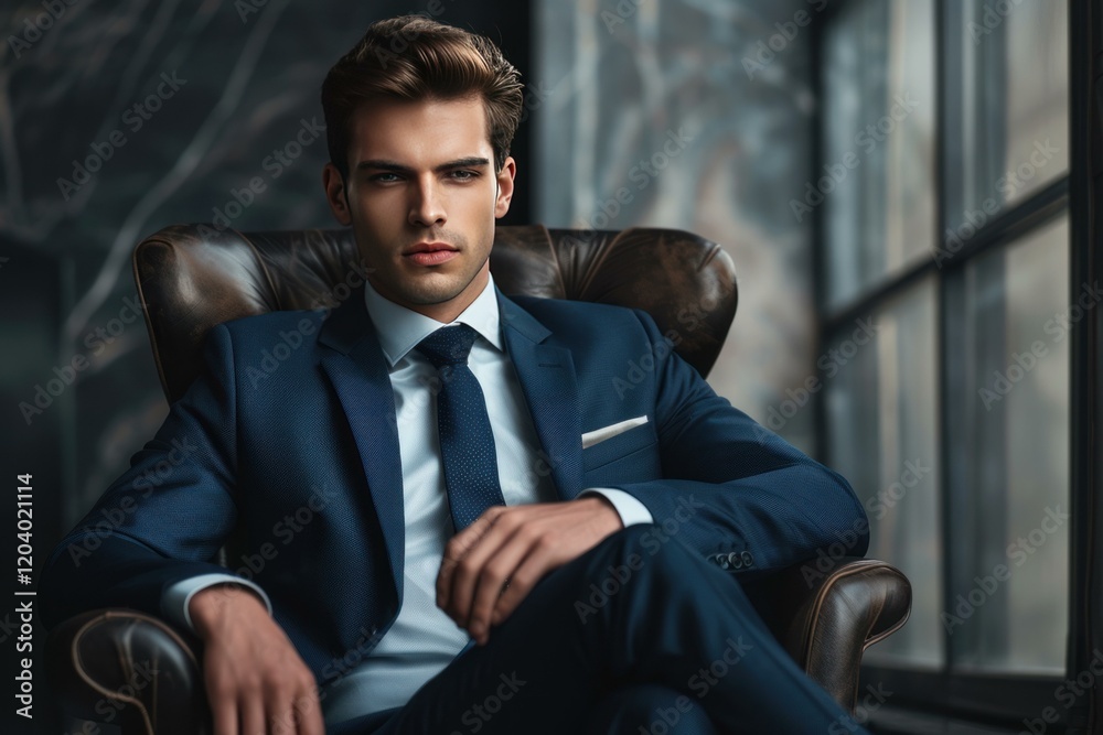 Young manager posing in elegant suit in his office, showing confidence and leadership Young manager posing in elegant suit in his office, showing confidence and leadership
