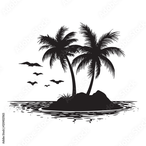 The palm trees are tall and the island is surrounded by water