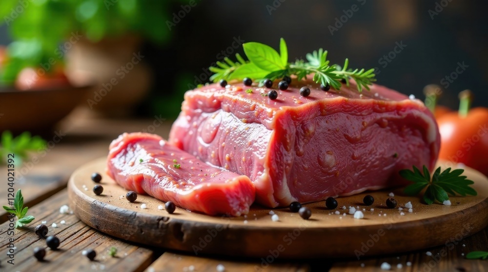 Raw seasoned meat prepared for cooking on a wooden board Raw seasoned meat prepared for cooking on a wooden board
