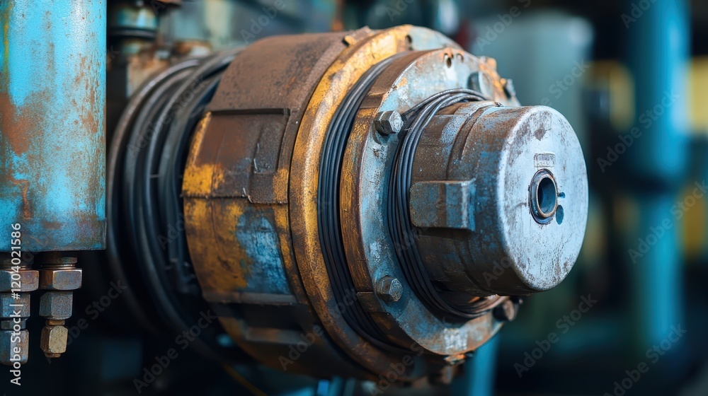 Obraz premium Close-up view of electric motor wiring, focusing on metal components in a petrochemical environment.