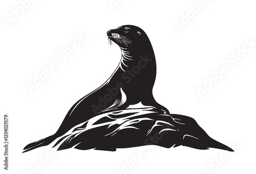 A black and white drawing of a seal on a rock