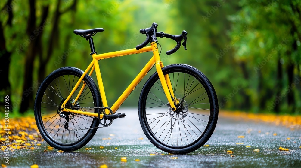 Fototapeta premium Bright Yellow Bicycle on Wet Road in Lush Green Forest