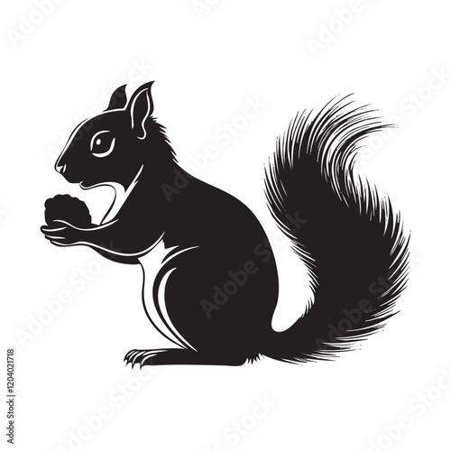 A black squirrel is holding a nut in its mouth